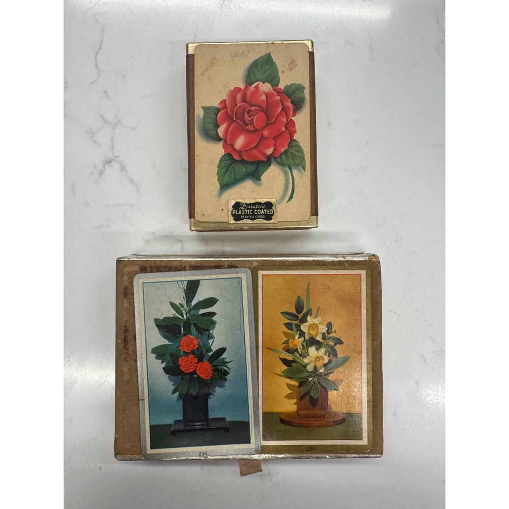 Vintage Duratone Plastic Coated Playing Cards Red Camellia Floral Set 1939 Joker